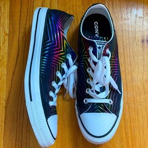 Low top black Converse sneakers with rainbow metallic design; Size US women’s 10